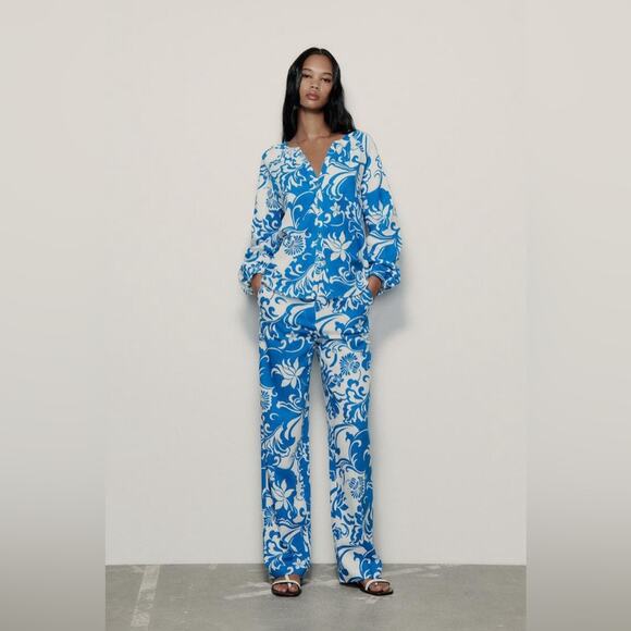 Zara PRINTED LINEN BLEND TROUSERS Size Extra Large XL - Picture 4 of 12